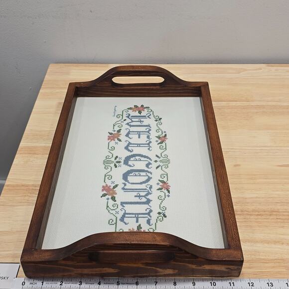 Cross Stitch "Welcome" Handmade Wooden Serving Tray 16x11 Shabby Cottagecore - Picture 4 of 13